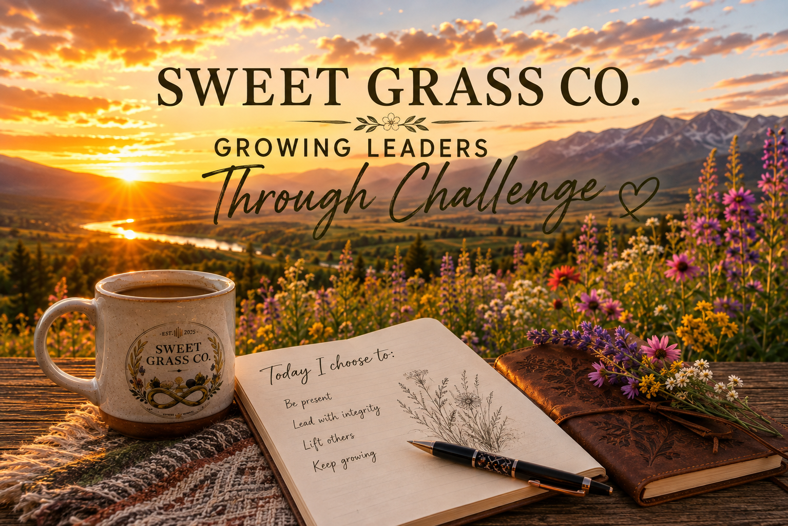 Sweet Grass Co. sunrise scene — a journal, mug and wildflowers at dawn with the Alberta prairie behind them