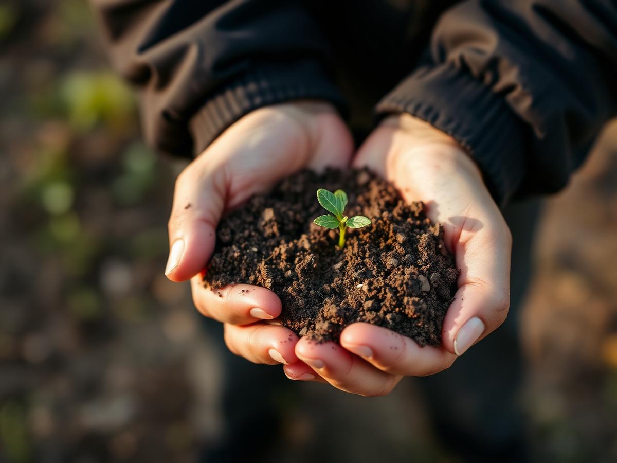 Hands holding prairie soil and a small sprout