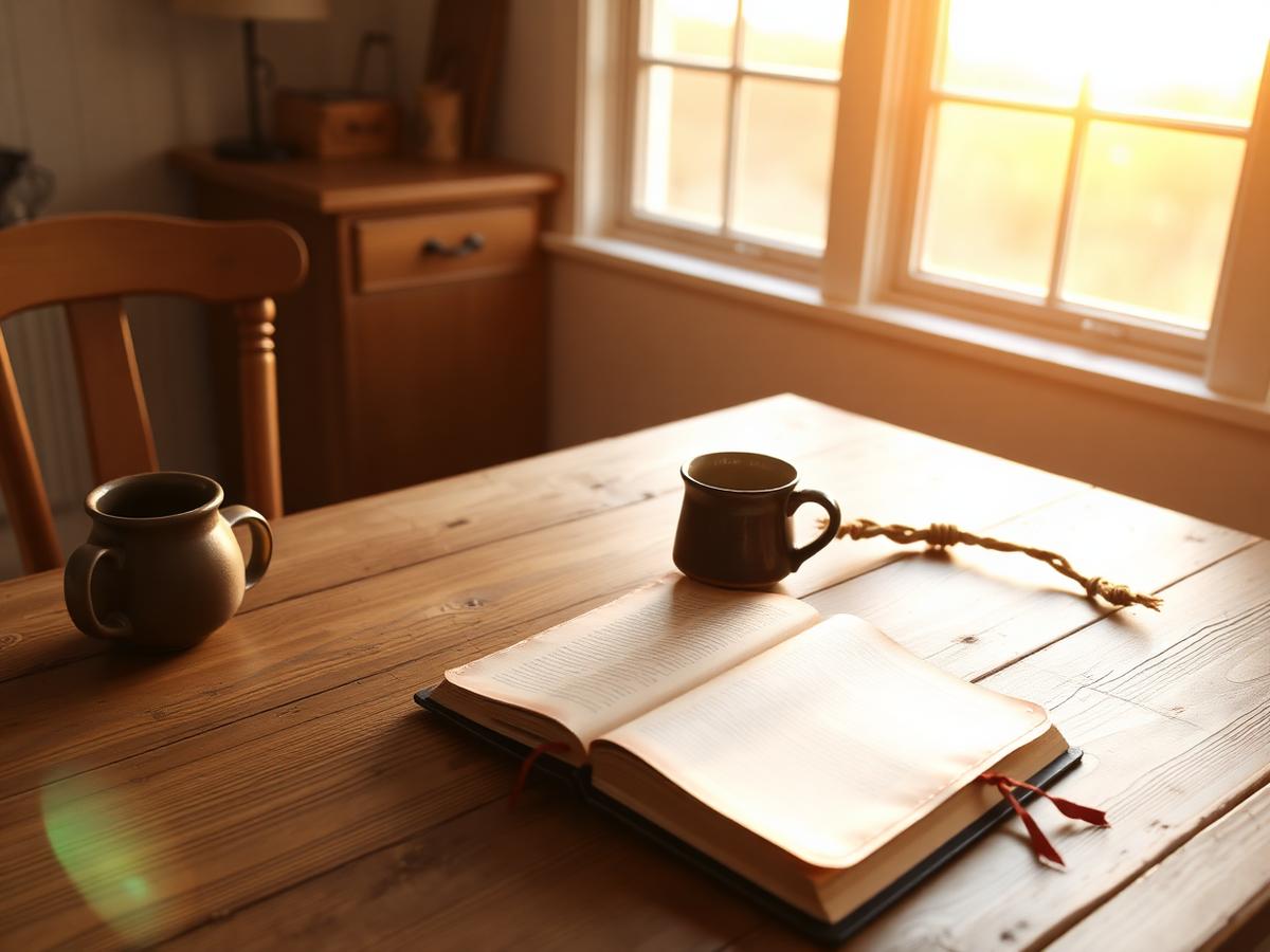 Reflective journal on a sunlit farmhouse table