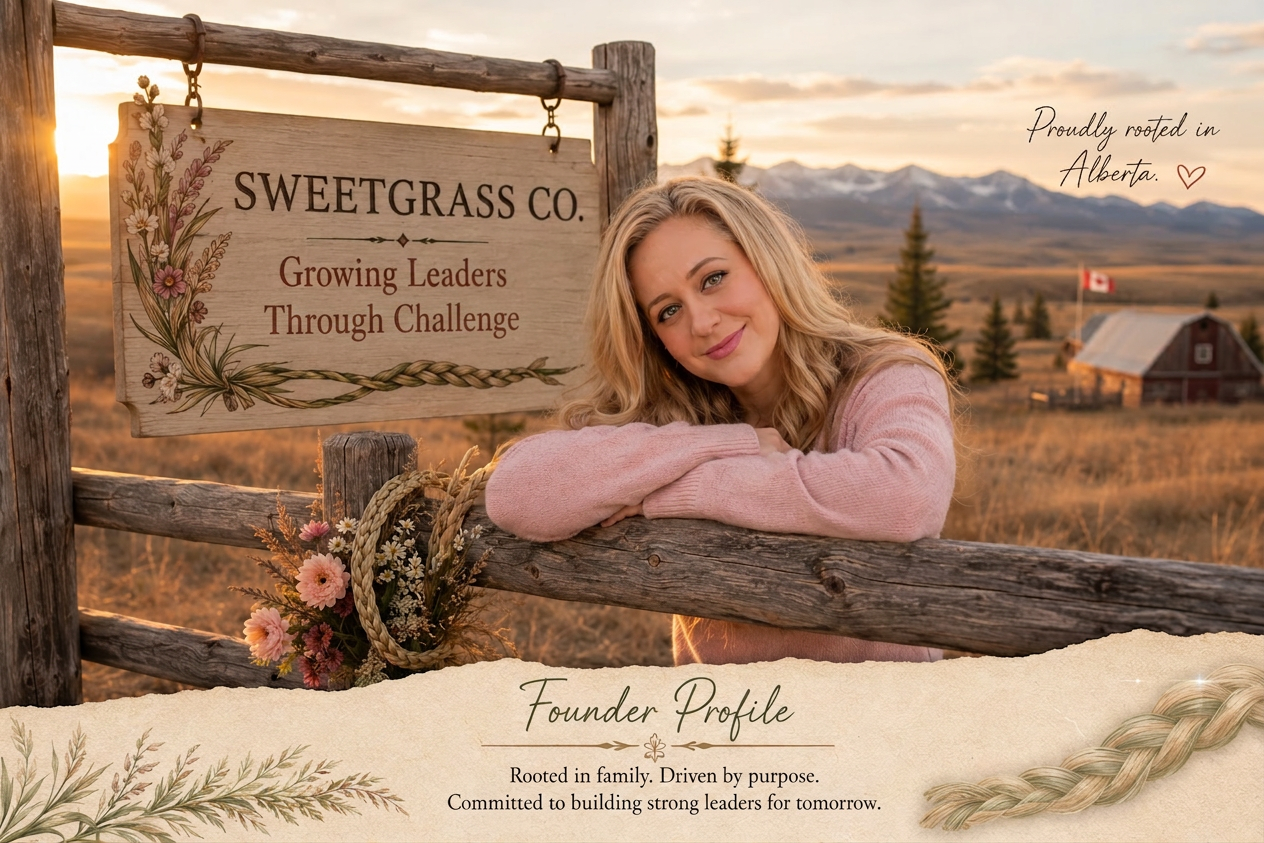 Leanne Van Den Brink, founder of Sweet Grass Co., at a prairie fence with the Sweet Grass Co. sign and Alberta foothills in the background